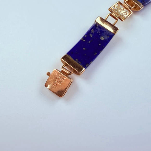 14K Solid Yellow Gold Vintage Chinese Character Rich Lapis Lazuli Panel Bracelet - Picture 11 of 14